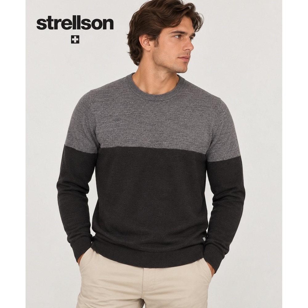 Strellson Merino Extrafine Slim Fit Sweater Grey Black Colorblock Mens Large